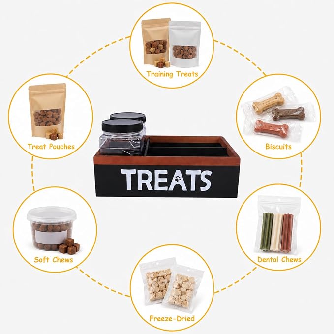 Pethiy Dog Treat Organizer Box with 2 Plastic Jars & Compartments | Wooden Pet Supplies Organizer for Countertop,Pet Treat Storage Box with Dividers pet treat storage with handle dog