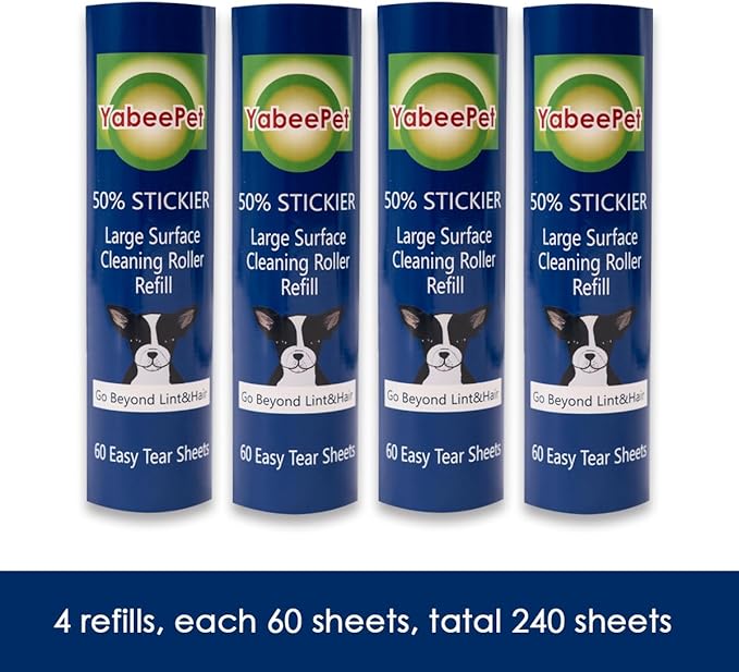 8 inch Large Surface Roller Refill for Scotch-Brite 50% Stickier Lint Roller, Works Great On Pet Hair (60 Sheets per Roll, 4 Pack)