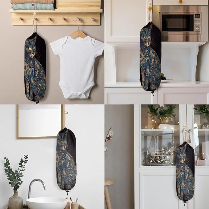 Cat Pattern Plastic Bag Holder Washable Grocery Bag Storage Dispenser Reusable Hanging Shopping Bags Carrier Wall Mount Plastic Bag Organizer for Home Kitchen Decor