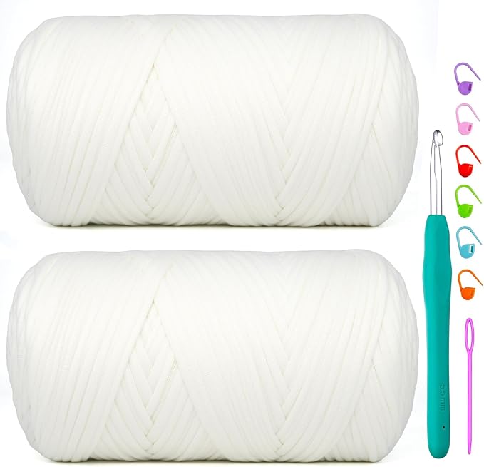 2 Pack Tshirt Yarn for Crochet,White T Shirt Soft Elastic Fabric Chunky Thick T-Shirt Crochet Yarn for Crocheting Knitting Beginner Hand Knitting Bag/DIY Craft/Home Decor 2 * 400G-White