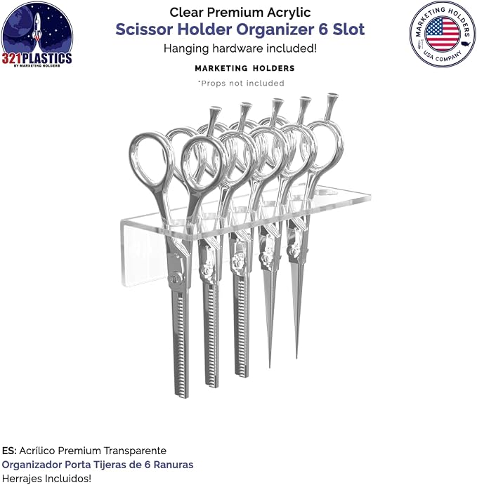 Marketing Holders Acrylic Scissor Organizer Shear Display 6 Hole Clear 7.75 Inch Wide Wall Mount Rack with Hanging Hardware for Professional Dog Groomers Stylists and Barbers