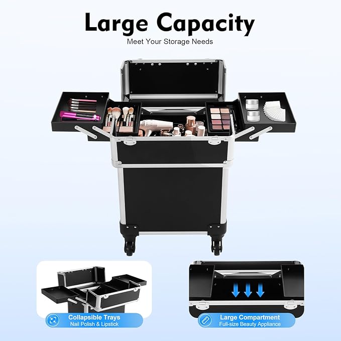 Rolling Makeup Train Case, Aluminum Cosmetic Case Rolling Makeup Trolley Case with Key, Large Storage Cosmetic Trolley 4 Tray with Sliding Rail, Salon Barber Case Traveling Cart Trunk