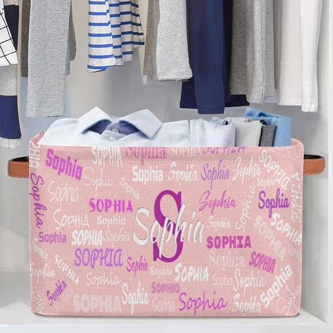 Custom Storage Baskets Named, Personalized Storage Bin Basket Boxes PU Leather Handles for Clothes Bedroom Closet Organizing Toys Books Shelves, Light Pink Solid Background