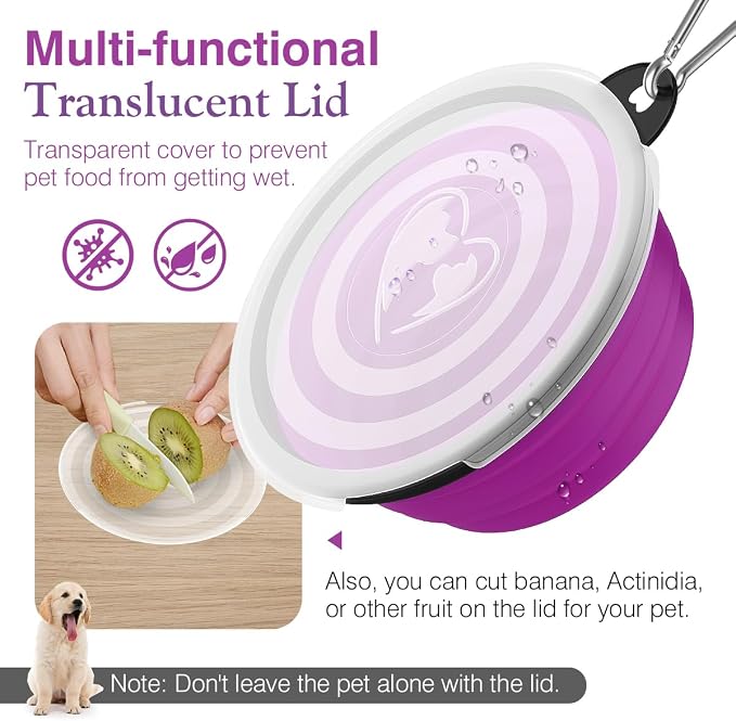 Pawaboo Collapsible Travel Dog Bowls 2 Pack with Lids&Carabiners Silicone | Feeding Watering Bowls for Dogs Cats, Collapsable Water Feeder Food Bowl for Walking Traveling Home Use,Pink + Purple