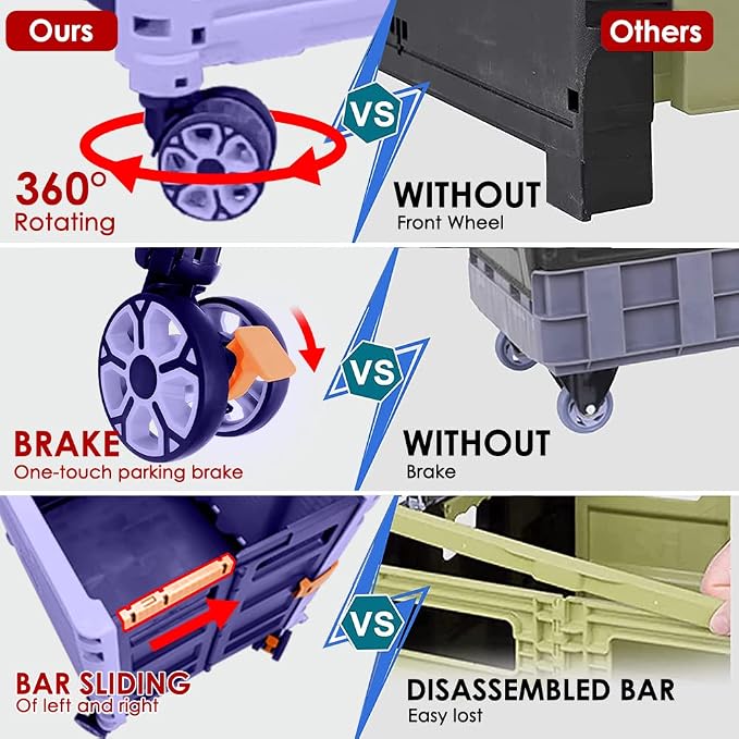 Foldable Utility Cart Portable Collapsible Crate Rolling Carts with Wheels Rolling Tote Basket Teacher Cart with Lid Wear-Resistant 360°Rotate Wheel Noiseless for Shopping Storage Office Use