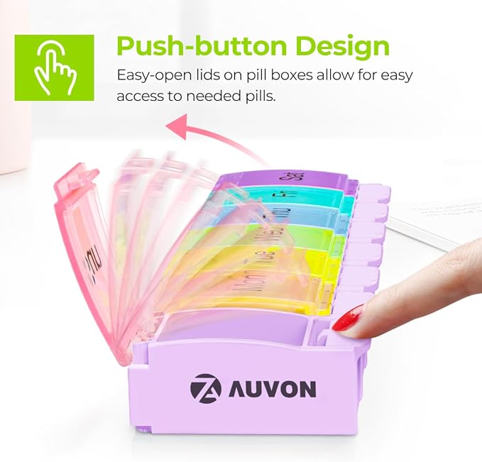 AUVON Weekly Pill Organizer Arthritis Friendly, BPA Free Travel 7 Day Pill Box Case with Spring Open Design and Large Compartment to Hold Vitamins, Cod Liver Oil, Supplements and Medication