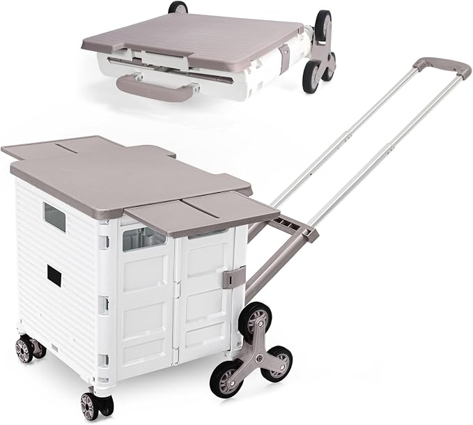 Foldable Utility Cart Portable Crate Rolling Dolly with Telescopic Handle,Can be Pulled diagonally, Magnetic Retractable Lid, 360°Swivel Climbing Wheels for Shopping Carrying Groceries Move White