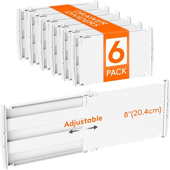 Lifewit 8" Tall Drawer Dividers, Adjustable Deep Drawer Organizer Clothes | 6 Pack 13.8"-22.2" Expandable White Plastic Separators for Dresser, Kitchen, Cabinet, Closet, Office Organization & Storage