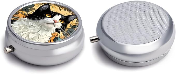 Cat Metal Round Pill Box, 3 Compartment Travel Organizer, Portable Pill Container with Secure Latch, 2 Inch Circular Vitamin Caddy for Pills and Vitamins, Gift for Him Her Elderly