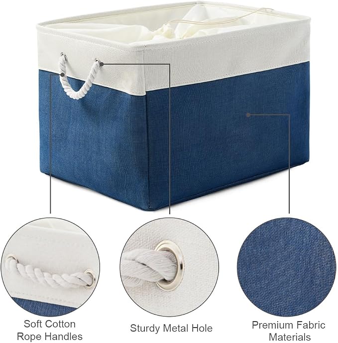 Organization and Storage Basket for Shelves - Jumbo 3 Pack 20x16x14 inch Collapsible Storage Bins for Organizing, Canves Storage Cubes for Gift Organizer Toys Closet (White & Jean Blue)