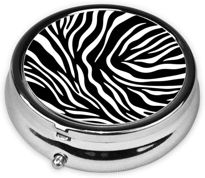 Compact Pill Box, Zebra Stripe Round Waterproof Case, Travel Organizer for Supplements, Purse Pocket Container for Daily Office Use