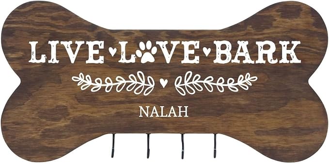 Rooms Organized Personalized Live Love Bark Wall Mounted Dog Bone Pet Leash Rack,Dog Collar Holder New Home Decor Gift Ideas and 4 Hooks 16" L x 8" H 2.5." deep (Walnut Stain)