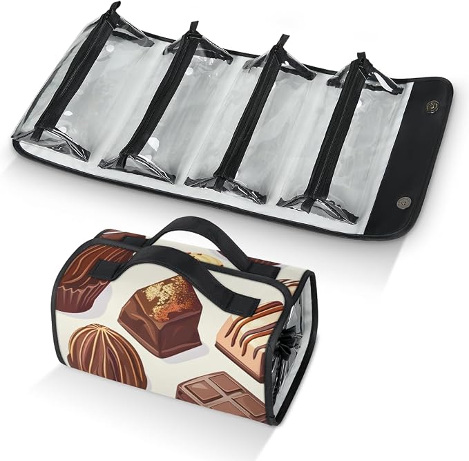 Chocolate Makeup Bag for Women Hanging Roll-Up Travel Organizer Toiletry Kit with 4 Removable Compartments, Food