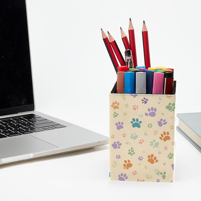 Pet Paws Pen Holder for Desk Decor, Rectangular PVC Leather Pencil Cup for Desk Pen Organizer, Makeup Brush Holder for School, Home, Office