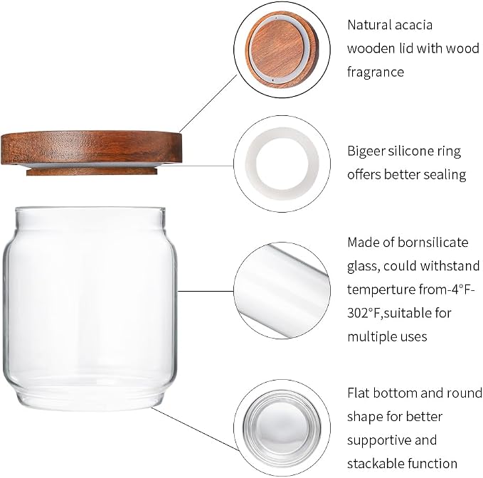 15 OZ Glass Jars with Airtight Acacia Wood Lids, 4 PCS | Kitchen Storage Container, High Borosilicate Glass Canisters for Tea, Sugar, Coffee Beans