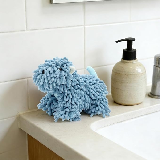 Cute Dog Chenille Hand Towel, 3D Fuzzy Puppy Hangable Ball Hand Towel Microfiber Super Soft Absorbent Bathroom & Kitchen Towels with Hanging Loop, Can Be Placed on the Sink Countertop (Blue)