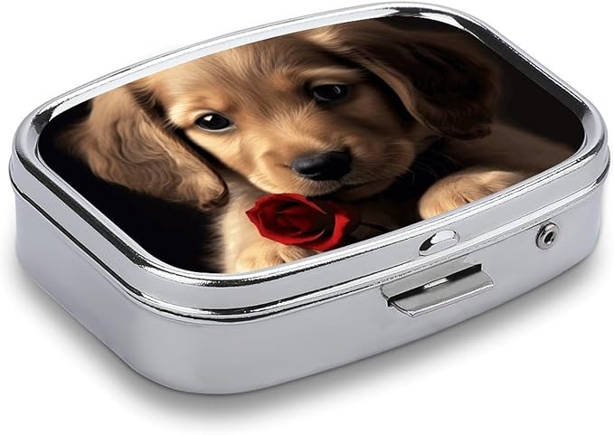 Metal Pill Organizer 2 Compartment Travel Pill Case with Mirror Waterproof & Leak-Proof Cute Pet Dog Pill Boxes for Daily Meds Vitamins Supplements Fits in Purse Pocket Bag