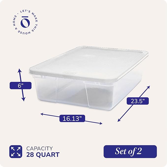 HOMZ Clear Plastic Storage Bins w/Snaplock Lids, 28 Qt, White, 2 Pack | Stackable Container Boxes for Bedroom, Bathroom, Garage, and Office Organization