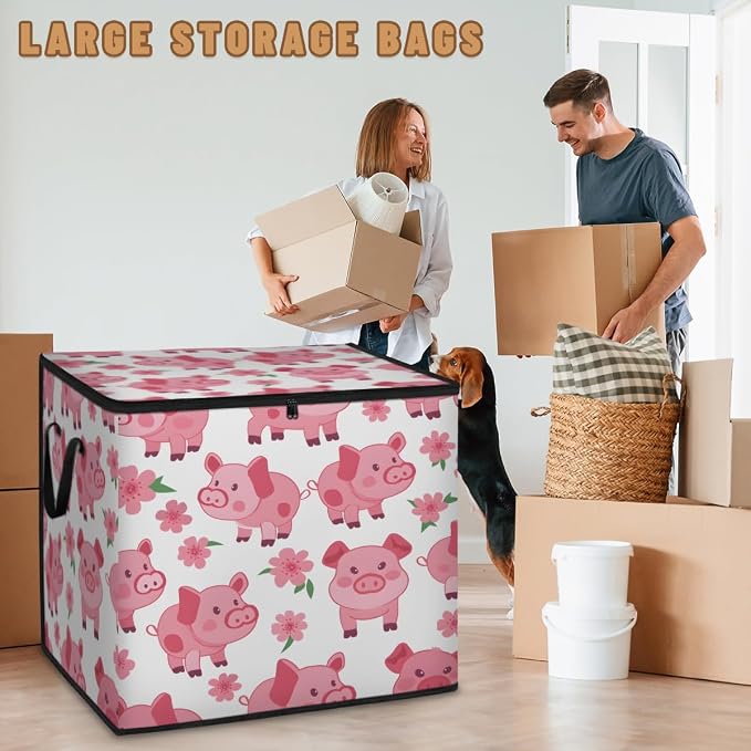 Pig Large Storage Bags, Fabric Bed Storage Containers, Foldable Closet Organizers for Blanket, Clothing, Comforter, Bedding, Pink