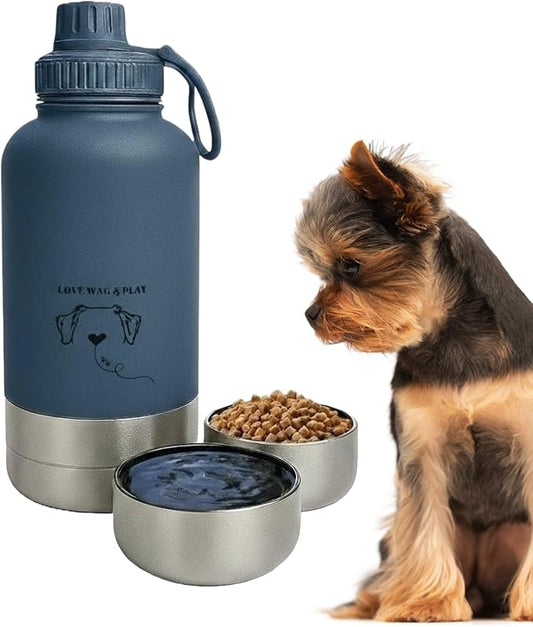 Love Wag & Play Dog Water Bottle with Food Bowls, Portable Stainless Steel Bottle for Dogs, Leakproof Travel Design with Detachable Bowls for Walks, Hikes and Outdoor Adventures (32 oz)