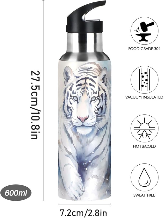 Tiger Walk Water Bottle with Straw Lid Kids Insulated Stainless Steel Water Flask Sports, 20 Oz Hot Cold