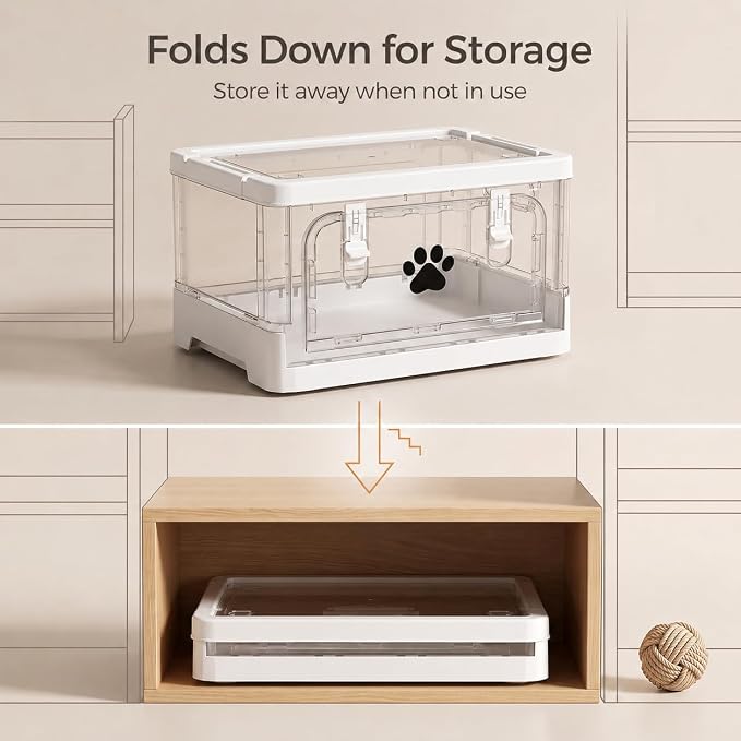 Collapsible Dog Storage Organizer, Clear Dog Treat Container with Cover, Plastic Pet Stuff Organizer with Front Opening Door, Ideal for Organizing Dog Cat Snack, Toys, Supplements, Can Food
