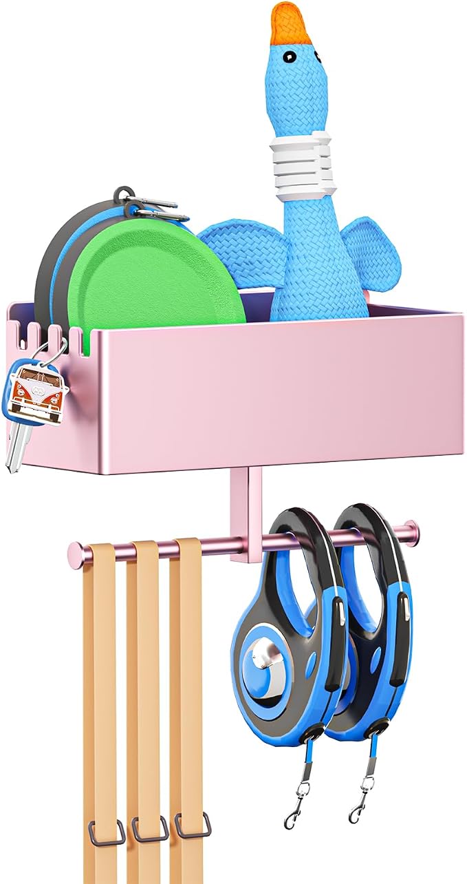 Dog Leash Holder for Wall, Dog Leash Hooks, Pet Stuff Organizer with Shelf Storage, Metal Key Holder, Leash Hangers Organizer Rack for Pet Collar, Toys, Treats, Poop Bag (Rose Gold)