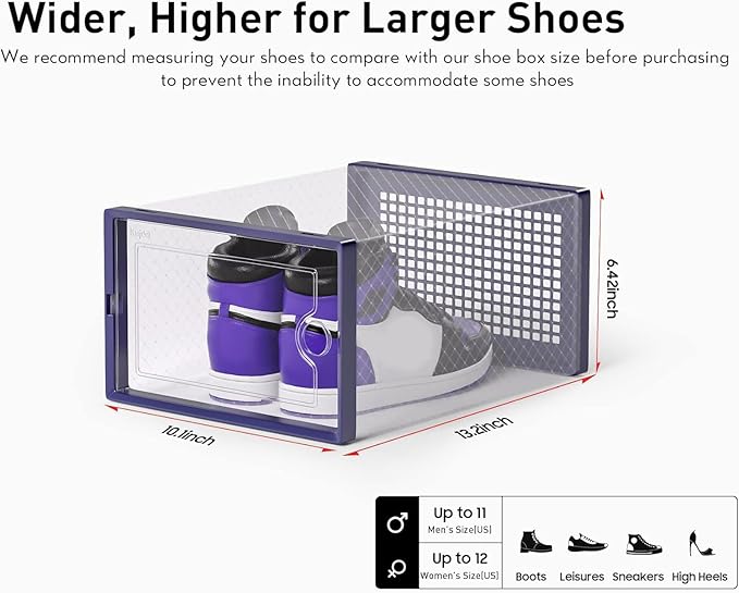 Kuject X-Large Shoe Storage Boxes 12 Pack, Clear Stackable Shoe Organizer | Shoe Case for Closet, Entryway & Under-Bed Storage, Drop-Front Design, Space-Saving Solution for Family Organization,Blue
