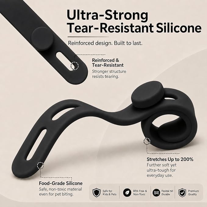 10-Pack Reusable Silicone Cable Ties for Cords (Black) | Elastic Food-Grade Silicone Cord Organizer with Adjustable Locking Buckles, Reusable Cable Straps for Chargers & Earphones
