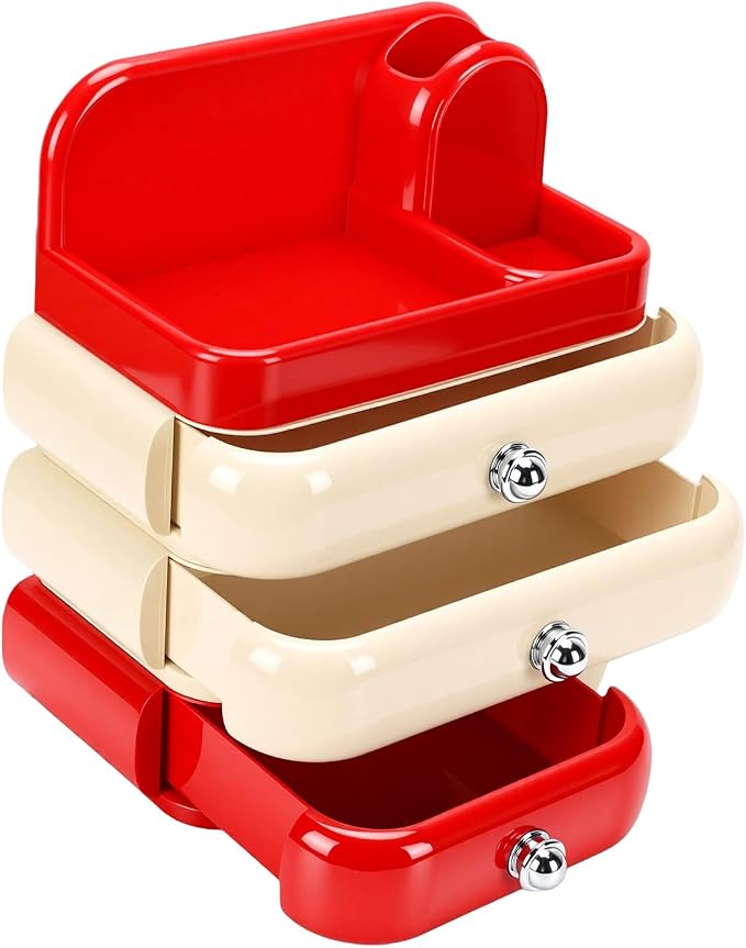 Yosoo Desktop Makeup Organizer with 3 Drawers Top Tray Dust Guard for Cosmetic Brushes Lipstick Skincare Storage (Red)
