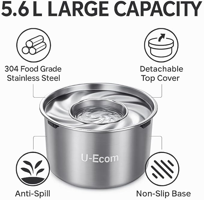 Large Stainless Steel Slow Feeder Dog Bowl with Lid – 198oz/5.6L No Spill Water Dispenser – Slobber Stopper for Healthy Slow Drinking – Non-Slip Pet Bowl for Travel, Kennels and Crates