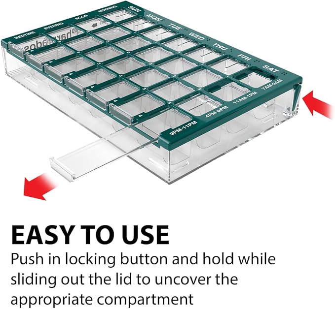 Ezy Dose Pharmadose Weekly 7-Day, 4X/Day Pill Organizer, Green, Medium | 28 Medium Compartment Pill Case, Medicine Planner, Vitamin Organizer with Easy Fill Tray, BPA Free