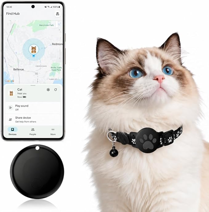 GPS Tracker for Cats, Cat Collar with Tracker for Android Users – No Monthly Fee, Google Find Hub Cat GPS Tracker Collar, IP67 Waterproof, Replaceable Battery Lasts 1 Year (Not Standalone GPS) (Black)