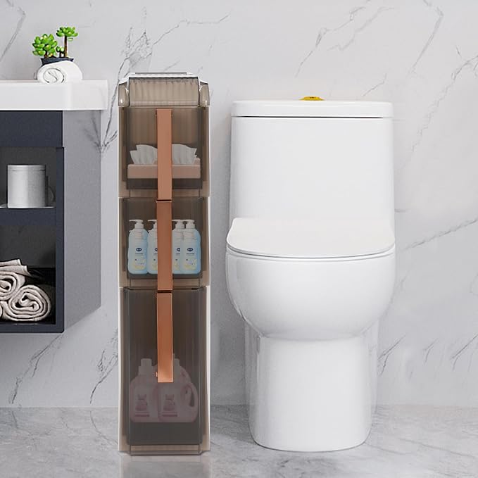Storage Cabinet with 3 Drawers Slim Floor Standing PP Bathroom Organizer | Slim design fits tight corners – semi-transparent drawers protect from dust – 4 smooth-rolling wheels included