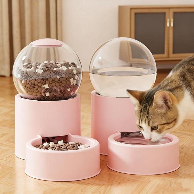 Automatic Cat Feeder and Water Dispenser Gravity Food Feeder and Water Set, Pack of 2, Cat Food Dispenser and Gravity Water Fountain for Cats Small Dogs Puppies Kittens Pets (Pink A)