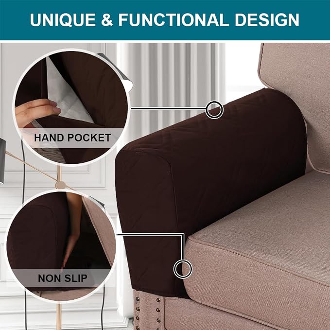 2-Pack Waterproof Armrest Covers for Couches & Chairs – Anti-Slip Furniture Protectors with Side Pockets, Washable Sofa Arm Covers, Universal Stretch Fit (Fits Most Armrests) (Brown)