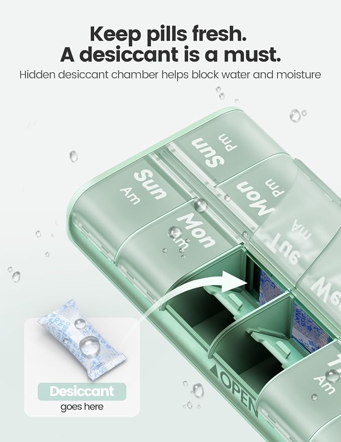 Pill Organizer 2 Times a Day, Built-in Desiccant | 7 Day AM PM Weekly Pill Box, Easy-Open, Portable Carry Handle, BPA-Free, Matte Privacy Case for Supplements and Vitamins