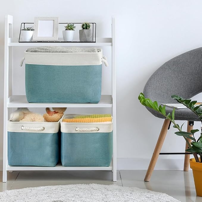 Organization and Storage basket for Organizing - 3 Pack 16x12x12 inch Cube Storage Bin for Shelves, Fabric Storage Cubes for Organizer Cloth Closet Toy Box (White & Green)