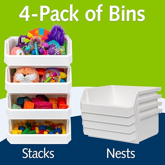 Extra Large Stackable Plastic Storage Bins, 4-Pack, White | Open-Front Stackable Bins For Garage, Pantry, Closet & Office, 14,8"L X 16,5"W X 7"H, Nests When Empty, Durable Plastic,