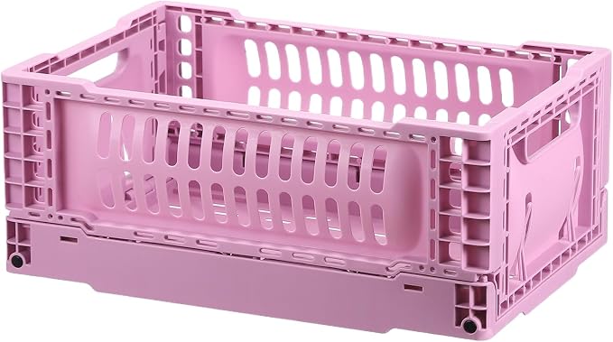 uxcell Collapsible Crates, 11.7x7.8x4.7 Stackable Plastic Storage Baskets with Handle Small Storage Containers for Bedroom Office Classroom Bathroom Desktop Organizer Decor, Rose Red