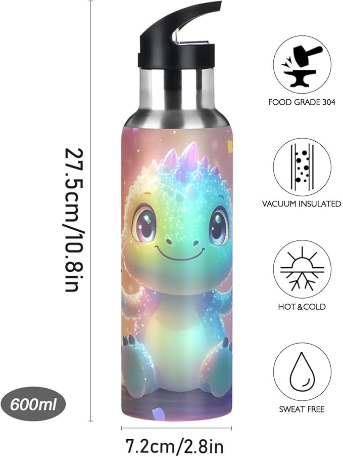 Swing Dinosaur Water Bottle with Straw Lid Kids Insulated Stainless Steel Water Flask Sports, 20 Oz Hot Cold