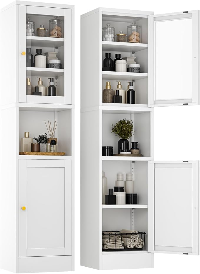 YAUWOH Metal Storage Cabinet with Glass Door, Tall Slim Pantry Organizer with 3 Adjustable Shelves (120LBS/Shelf), Anti-Tipping Waterproof Cabinet for Kitchen/Home Office/Small Spaces,(1PC,White)