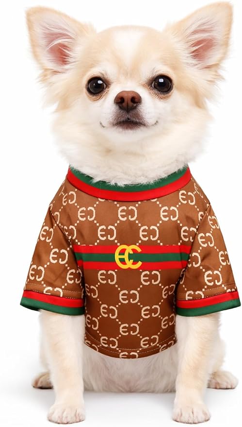Luxury Designer Dog T Shirt – Trendy Puppy Clothes for Small Dogs, Fashion Pet Tee for French Bulldogs & Chihuahuas, Everything Chic Dog Apparel (GucchewiTee, Medium)