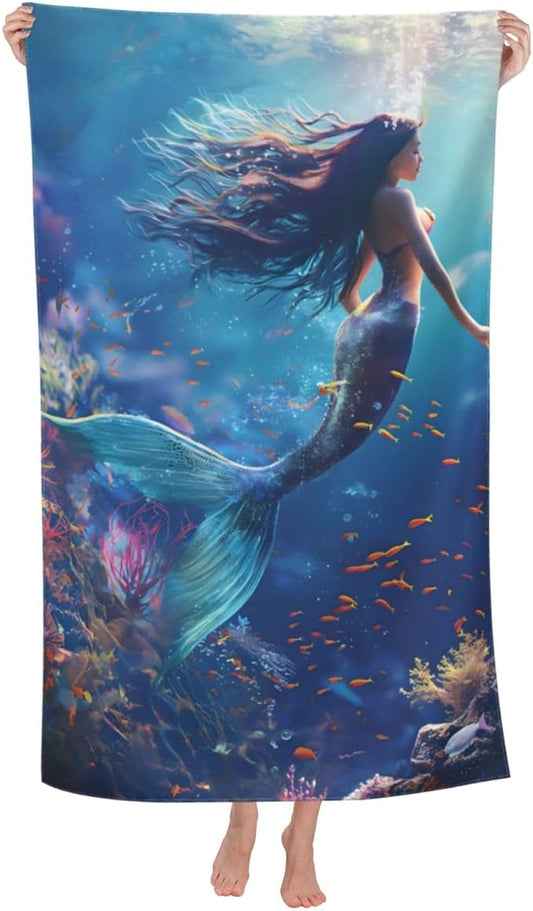 Mermaid Beach Towel 31inx51in, Underwater Sand-Free Microfiber Bath Towel Ultra Soft Quick Dry Pool Towel Absorbent Towel Lightweight Towel for Swimming Bathroom Decor