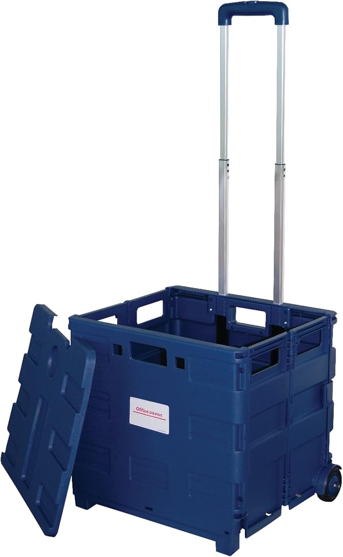 Office Depot Mobile Folding Cart with Lid, 16in.H x 18in.W x 15in.D, Blue, 50803
