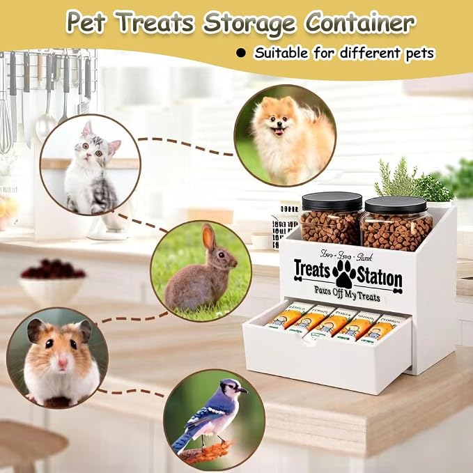 Pet Food Storage Container with Drawer, Wooden Dog Treat Container | White Pet Food Storage with 2 Plastic Dog Treat Jars for Dog and Cat, Dual Desk & Wall Mount Design