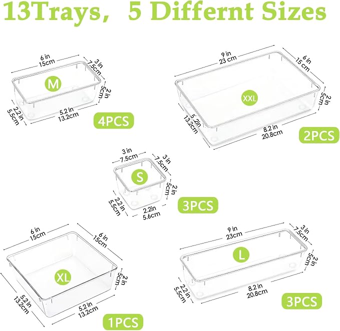 Clear Acrylic Drawer Organizer Trays, 5 Size Junk Box Organization Small Storage Container Bin for Desk Makeup Bathroom Vanity Kitchen Tool Make Up Workspace Home Dorm Apartment Office Room Nightstand