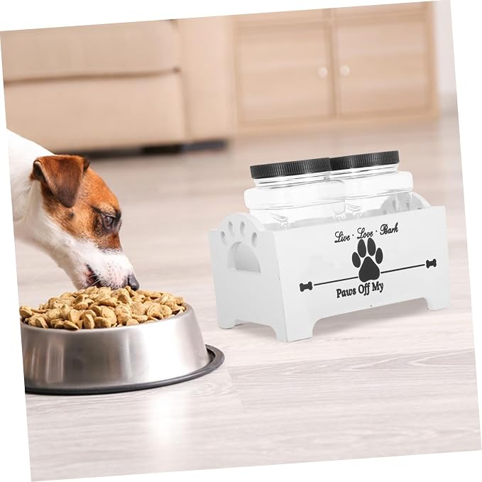 Wooden Dog Food Storage Box with 2 Canisters, Airtight Pet Treat Jar Holder and Snack Organizer, White Solid Wood Crate for Home Countertop Use