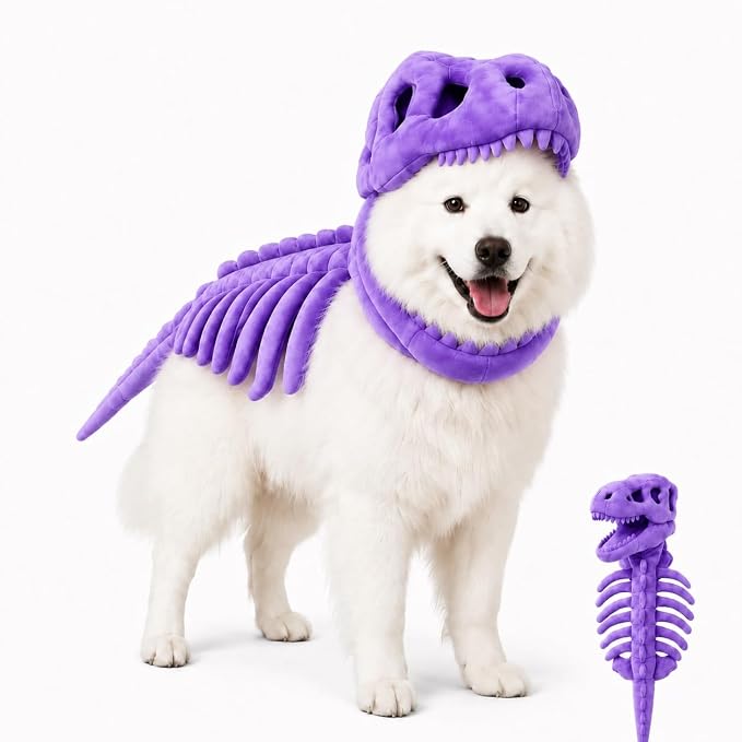 Pet Dinosaur Costume Spinosaurus Skeleton Skull Mask Plush Spine Large Dogs | Soft Lightweight Headpiece with Raised Back Ridge and Tail Suited to Halloween Cosplay Parties Photos Birthdays Large Breeds