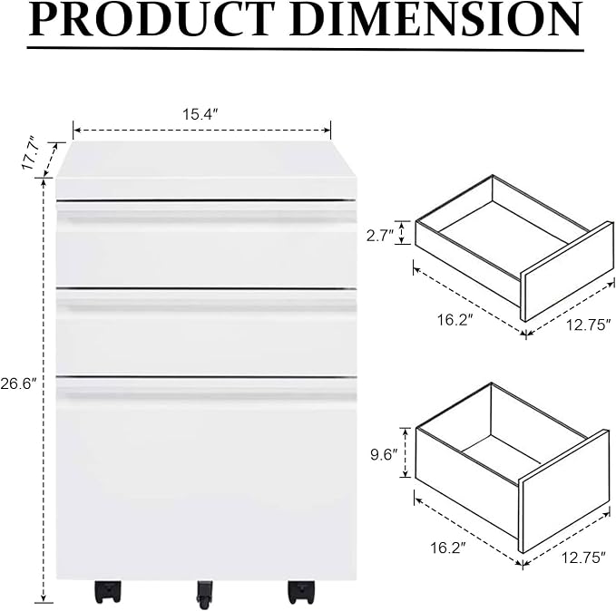 3-Drawer Mobile File Cabinets Rolling Metal Filing Cabinet for Legal & Letter File Anti-tilt Design with Lock Under Desk Office Drawers Fully Assembled Except Casters Elegant White